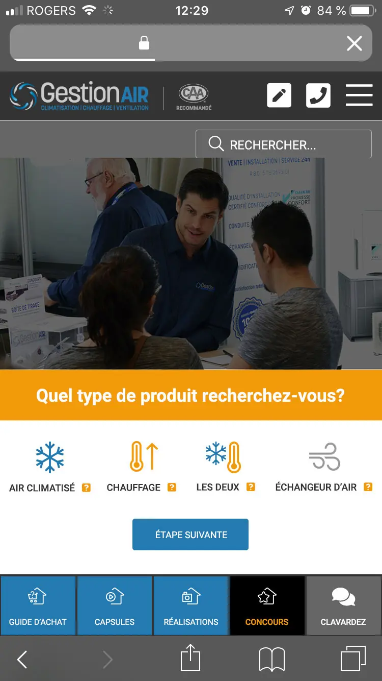 Le site Gestion Air sur un téléphone, « Quel type de produit recherchez-vous? »