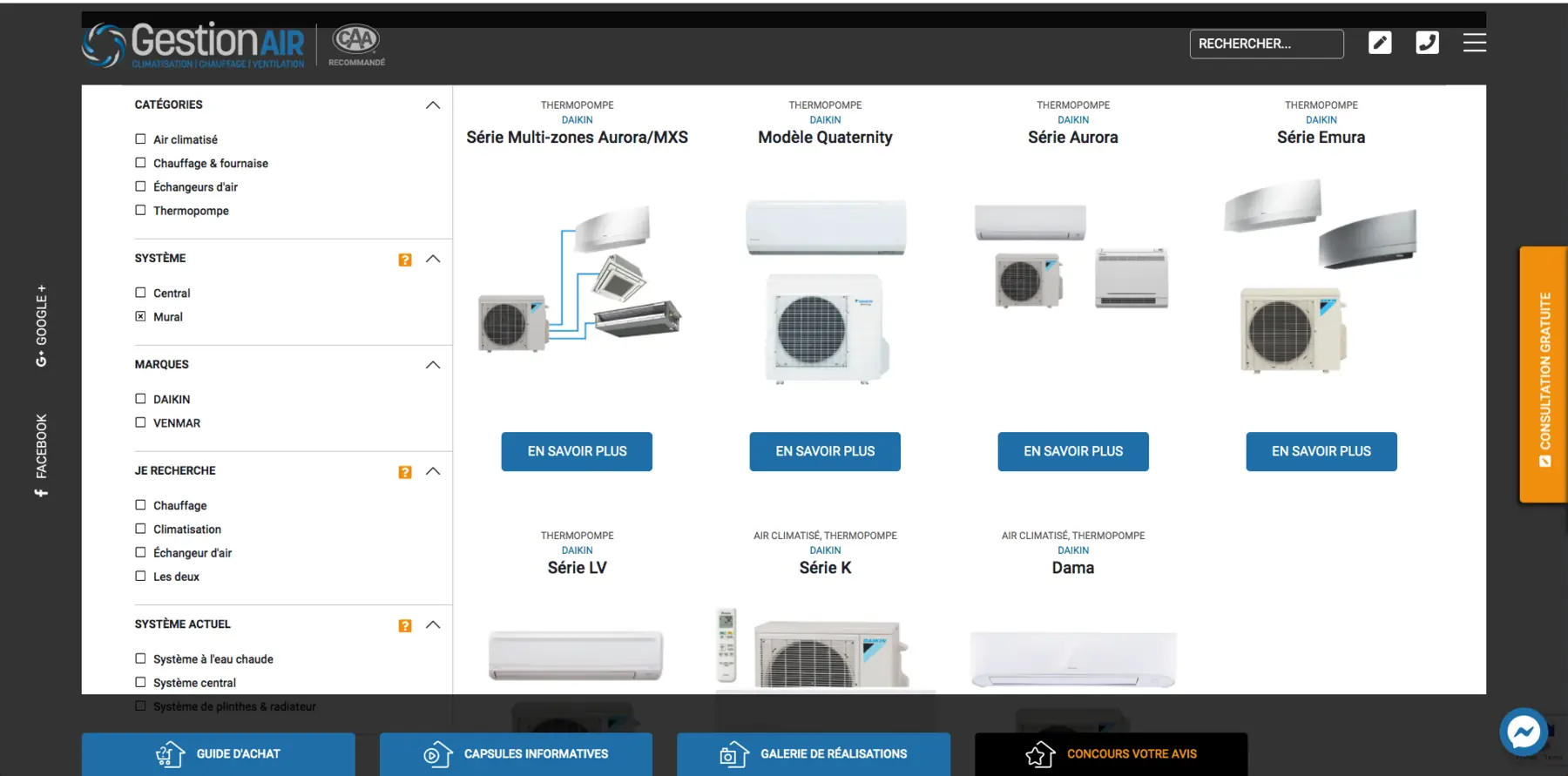 Le catalogue de thermopompes du site Gestion Air et ses filtres
